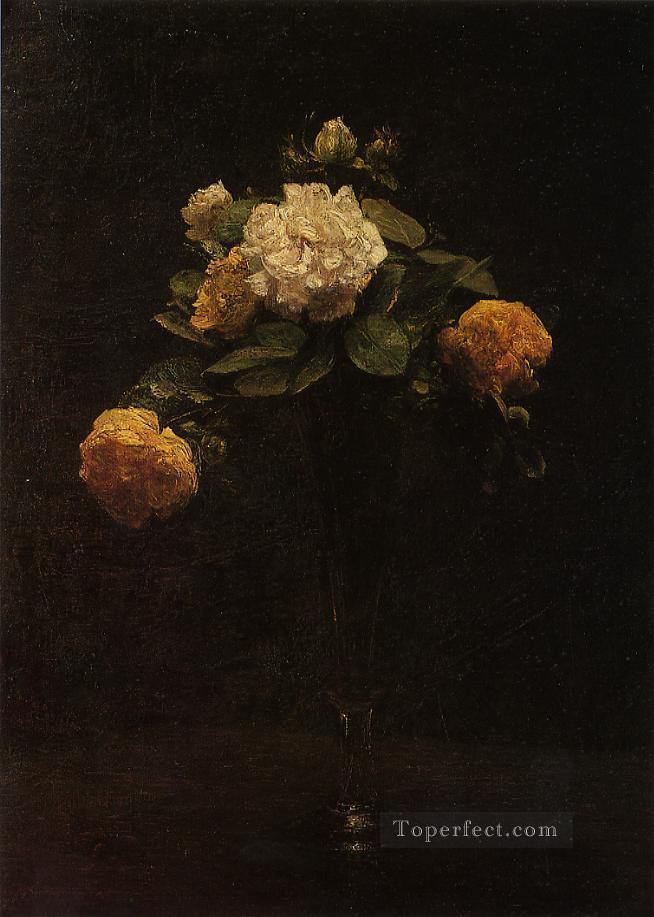 White and Yellow Roses in a Tall Vase flower painter Henri Fantin Latour Oil Paintings